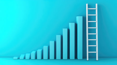 A ladder leaning against a bar graph, indicating climbing success through strategic planningの素材