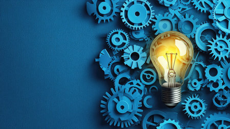 A light bulb connected to gears and cogs, representing the mechanics of innovative business strategiesの素材