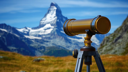 A telescope pointing towards a distant mountain peak, symbolizing long-term vision in business strategyの素材