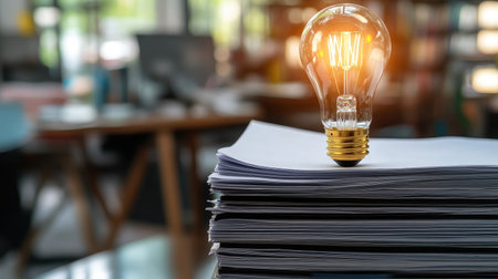 A light bulb illuminating above a stack of documents, signifying innovative ideas in business strategyの素材