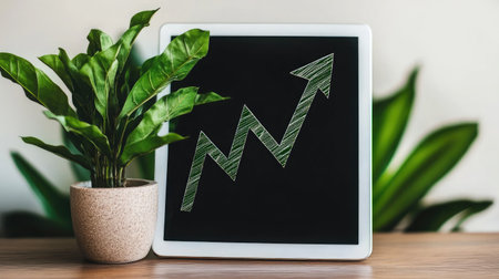 A rising arrow graph on a digital tablet placed on a sleek desk, indicating business growth and strategic planningの素材