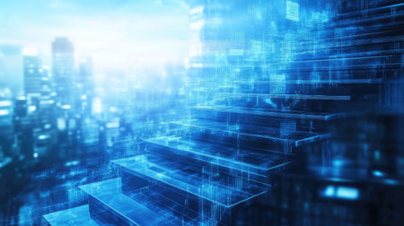 A staircase graph with ascending steps, each labeled with strategic milestones, illustrating business growthの素材