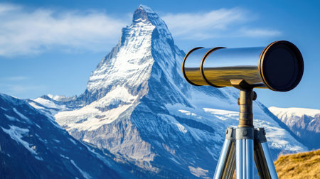 A telescope pointing towards a distant mountain peak, symbolizing long-term vision in business strategyの素材