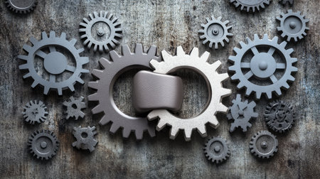 Interlocking gears meshing seamlessly, symbolizing collaboration and partnership akin to a handshake, with a metallic finish and soft lightingの素材