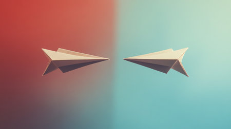 Two paper airplanes flying towards each other, their noses nearly touching, symbolizing a handshake and agreement in a business contextの素材