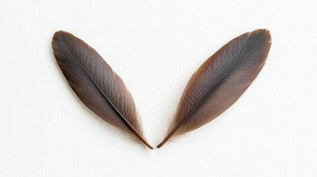 Close-up of two feathers lying parallel, their tips nearly touching, symbolizing a gentle handshake and agreementの素材