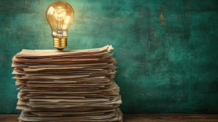 A light bulb illuminating above a stack of documents, signifying innovative ideas in business strategyの素材