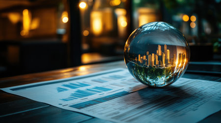 A crystal ball on a desk beside financial reports, symbolizing foresight in business strategyの素材