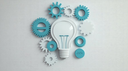 A light bulb connected to gears and cogs, representing the mechanics of innovative business strategiesの素材