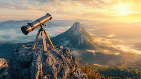 A telescope pointing towards a distant mountain peak, symbolizing long-term vision in business strategyの素材