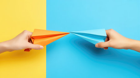 Two paper airplanes flying towards each other, their noses nearly touching, symbolizing a handshake and agreement in a business contextの素材