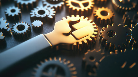 Interlocking gears meshing seamlessly, symbolizing collaboration and partnership akin to a handshake, with a metallic finish and soft lightingの素材