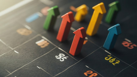 A close-up of a calendar with dates marked leading up to a rising graph, symbolizing planned growthの素材