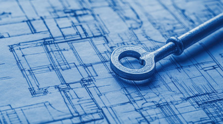 A blueprint with detailed sketches and a key placed on top, representing planning and unlocking business potentialの素材