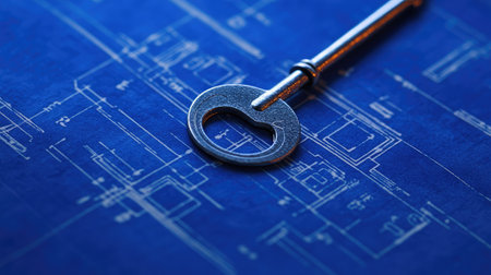 A blueprint with detailed sketches and a key placed on top, representing planning and unlocking business potentialの素材