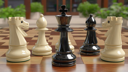 A chessboard with pieces arranged to show a winning strategy leading to business growthの素材