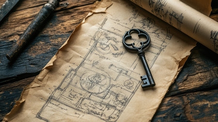 A blueprint with detailed sketches and a key placed on top, representing planning and unlocking business potentialの素材