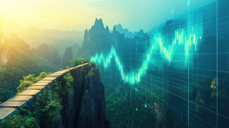 A bridge extending over a gap towards a rising graph, representing overcoming obstacles to achieve growthの素材