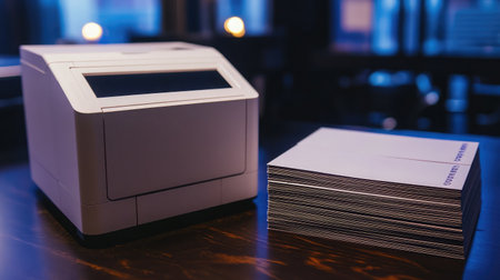 A close-up of a digital name tag printer beside a stack of blank badges, indicating event preparationの素材