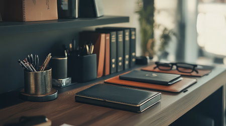 A close-up of a desk with a balance between work materials and personal items, representing work-life harmony encouraged by the companyの素材