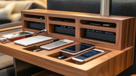 A close-up of a charging station with multiple device docks, accommodating attendees' technology needsの素材