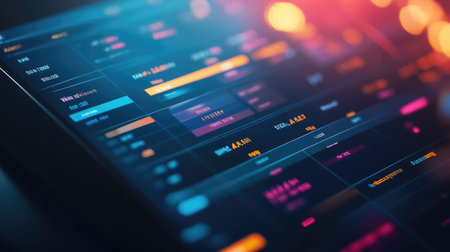 A close-up of a digital event schedule displayed on a tablet, highlighting session times and locationsの素材