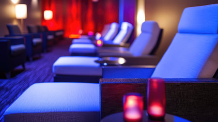 A close-up of a networking lounge area with comfortable chairs, low tables, and ambient lightingの素材