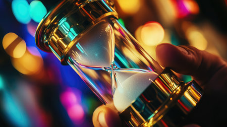 A close-up of a hand turning an hourglass, representing the time-sensitive nature of startup projectsの素材