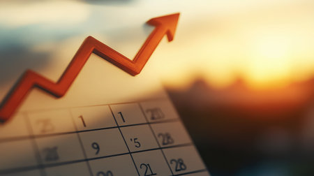 A close-up of a calendar with dates marked leading up to a rising graph, symbolizing planned growthの素材