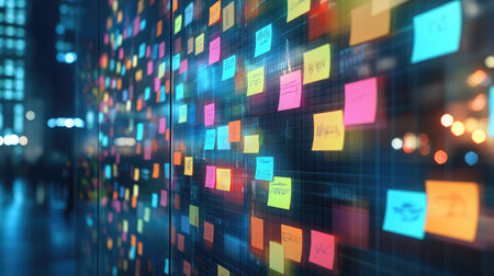 A bulletin board with pinned articles, graphs, and startup milestones, showcasing progress trackingの素材