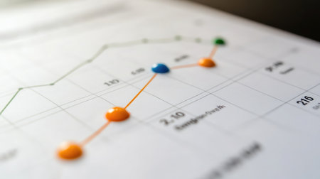 A close-up of a calendar with dates marked leading up to a rising graph, symbolizing planned growthの素材
