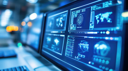 A close-up of a desk featuring dual monitors with collaborative software open, representing technological integration and teamworkの素材