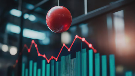 A close-up of a pendulum swinging towards a rising graph, symbolizing momentum in business growthの素材