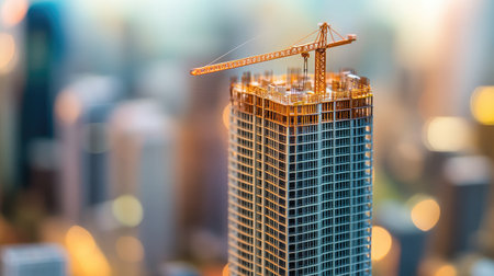 A close-up of a scale model of a skyscraper under construction, symbolizing building business growthの素材