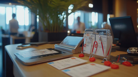 A close-up of a registration desk with neatly organized badges and lanyards, awaiting attendeesの素材
