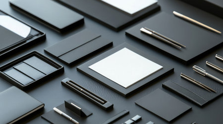 A close-up of a table with a variety of networking tools, including notepads, pens, and business card holdersの素材