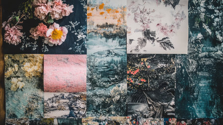 A creative workspace featuring a mood board with fabric swatches, color palettes, and design inspirationsの素材