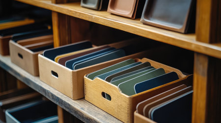 A close-up of a table with a selection of name tags organized alphabetically for easy accessの素材