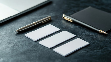 A close-up of a table with business cards neatly arranged beside a sleek pen and notepadの素材