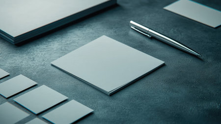 A close-up of a table with business cards neatly arranged beside a sleek pen and notepadの素材