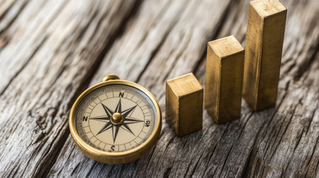 A compass pointing north alongside a growing bar graph, representing strategic direction and growthの素材