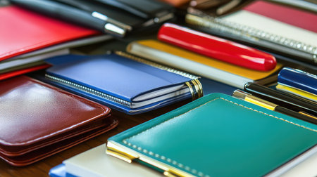 A close-up of a table with a variety of networking tools, including notepads, pens, and business card holdersの素材