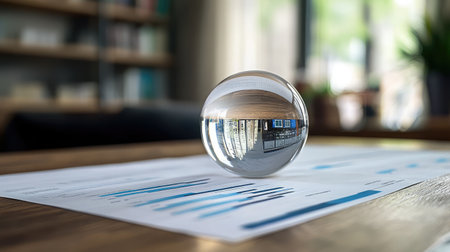 A crystal ball on a desk surrounded by financial charts, representing foresight and prediction in business strategyの素材