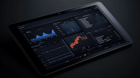 A digital tablet displaying a financial dashboard with various charts and metrics, emphasizing modern tools in financial planningの素材