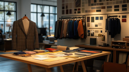 A creative workspace featuring a mood board with fabric swatches, color palettes, and design inspirationsの素材