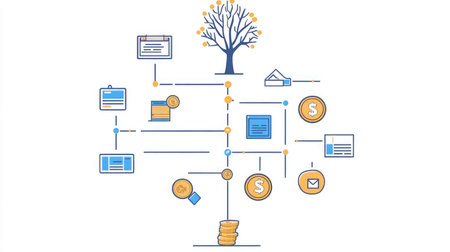A flowchart with various financial icons leading to a target, illustrating the process and steps in financial planningの素材
