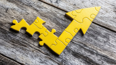 A jigsaw puzzle forming an upward arrow, illustrating pieces coming together to achieve growthの素材