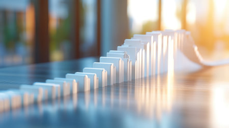 A domino effect leading to an upward trend, representing strategic actions resulting in growthの素材