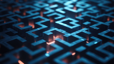 A labyrinth with a clear exit path highlighted, symbolizing finding solutions in complex business situationsの素材