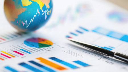 A globe with financial charts and graphs overlaid, representing global financial planning and investment strategiesの素材